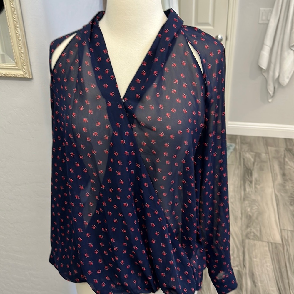 Sheer Lightweight Blouse with V Neck (snap close) long sleeves Navy